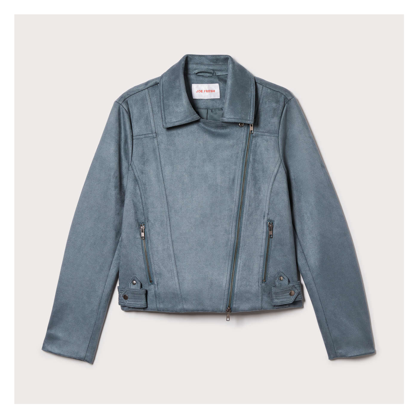 Women Faux Suede Moto Jacket in Dusty Teal from Joe Fresh